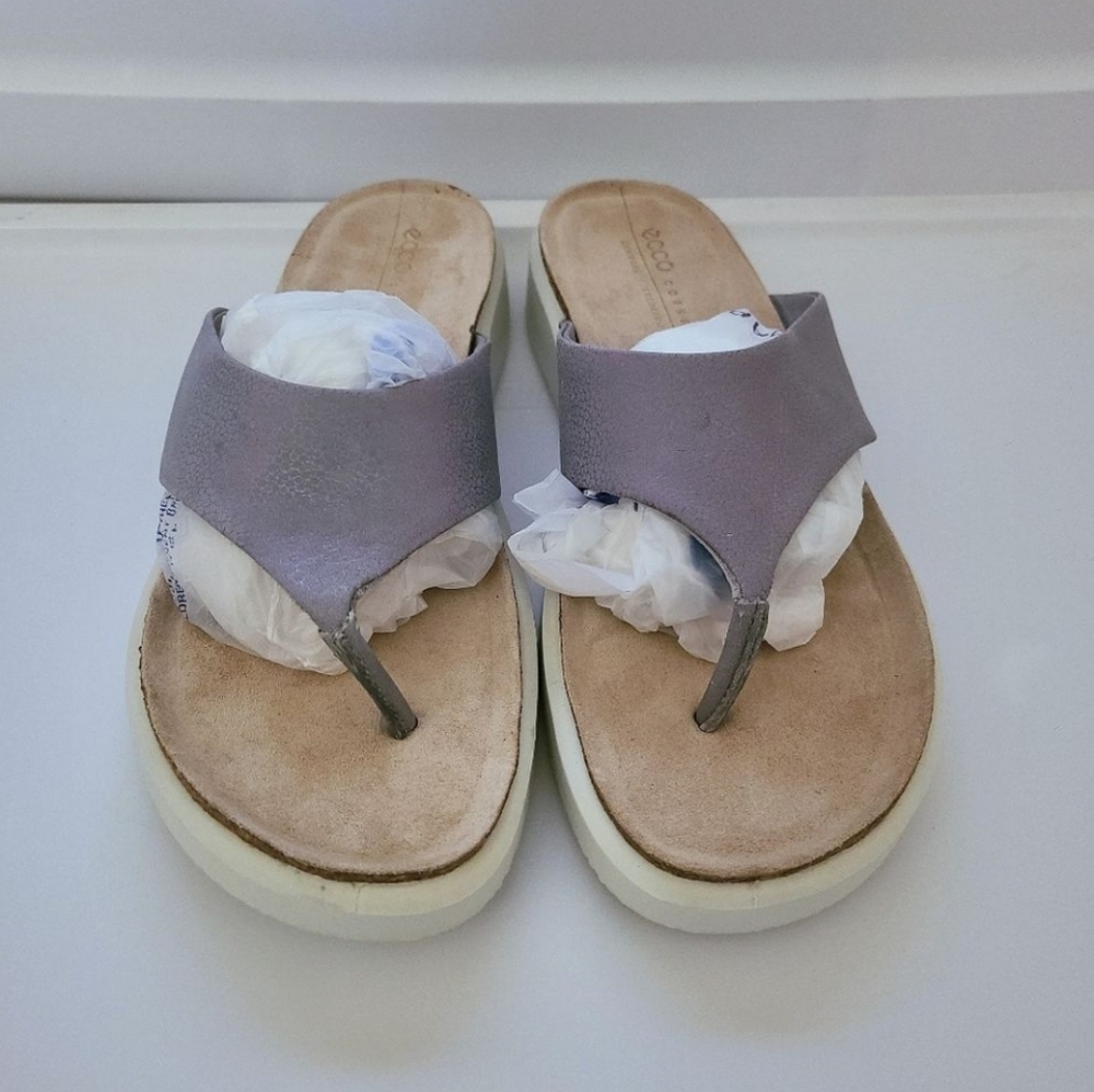 Ecco Corksphere Flip Flop Grey Leather Sandals Size 9